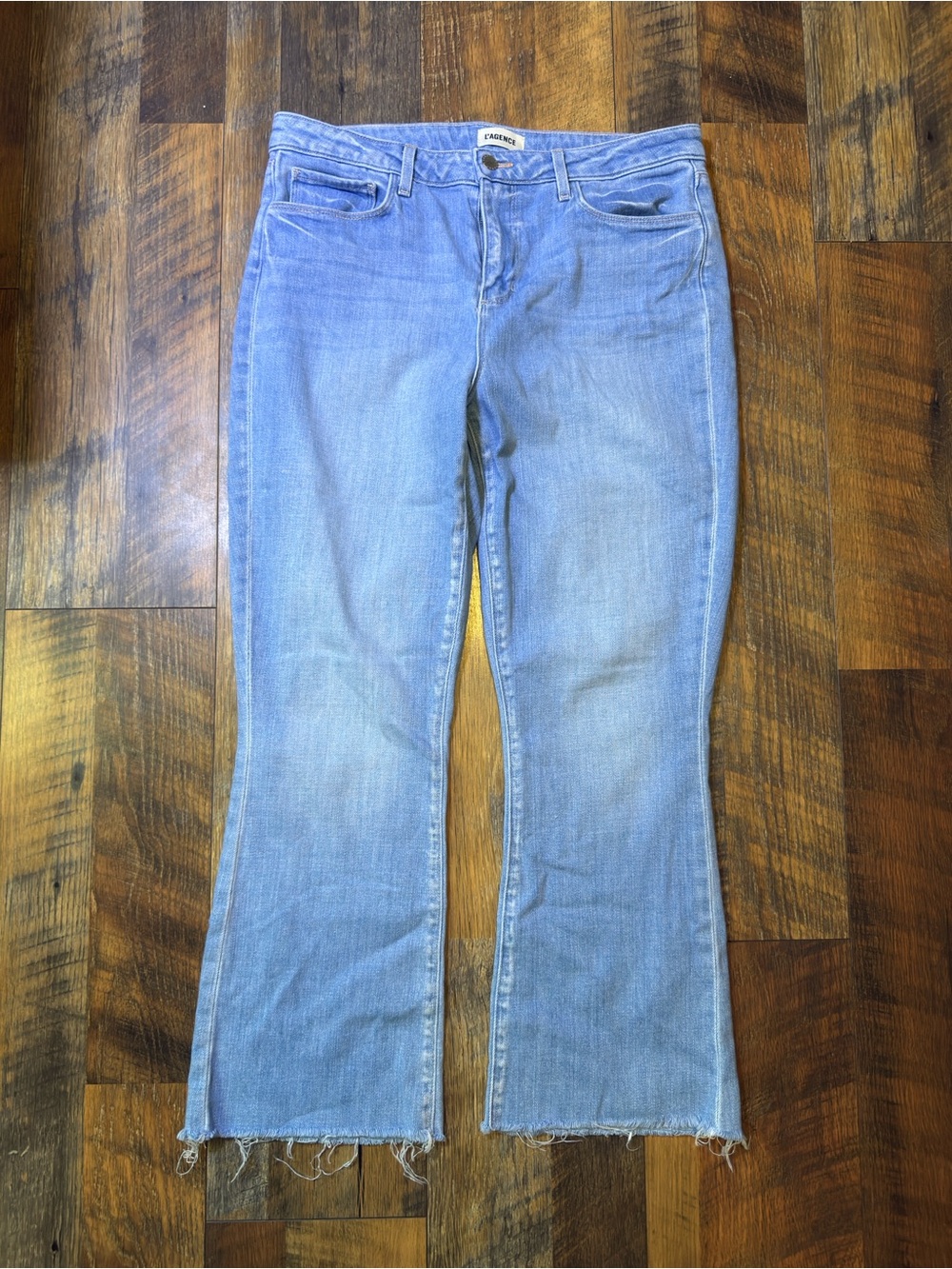 L’AGENCE Kendra High Waist Cropped Flare Raw Hem Stretch Jeans Olympia size 30